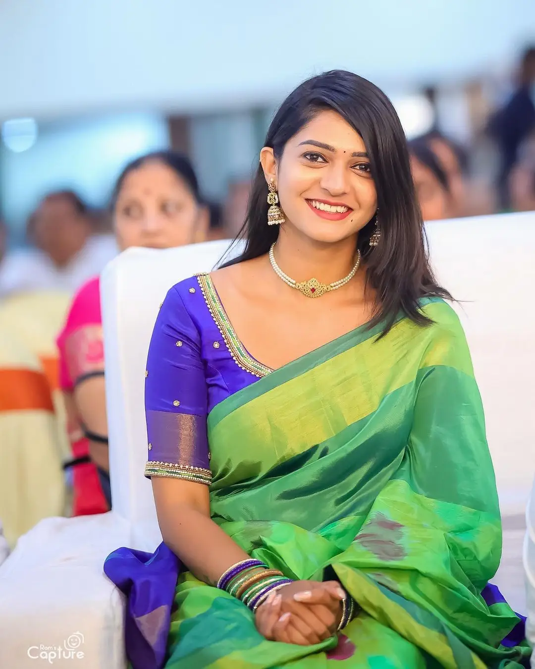NISARGA GOWDA IN SOUTH INDIAN TRADITIONAL GREEN SAREE BLUE BLOUSE 2